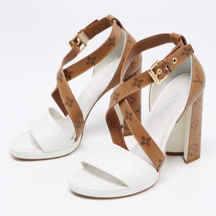 Louis Vuitton White/Brown Monogram Canvas and Leather Matchmake Ankle Strap  Sandals Size 39 Louis Vuitton