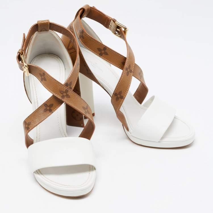 Pre Owned Louis Vuitton White/Brown Monogram Canvas and Leather Matchmake Ankle Strap Sandals Size 39