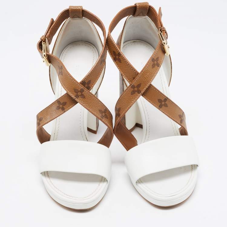 Pre Owned Louis Vuitton White/Brown Monogram Canvas and Leather Matchmake Ankle Strap Sandals Size 39