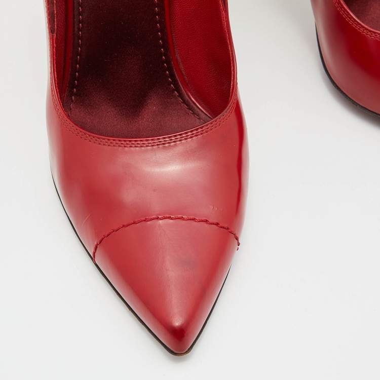 Pre Owned Louis Vuitton Red Leather and Satin Crystal Embellished Pumps Size 39