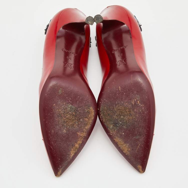 Pre Owned Louis Vuitton Red Leather and Satin Crystal Embellished Pumps Size 39