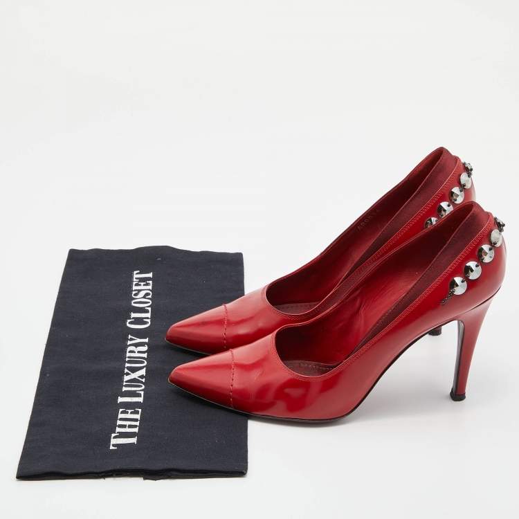 Pre Owned Louis Vuitton Red Leather and Satin Crystal Embellished Pumps Size 39