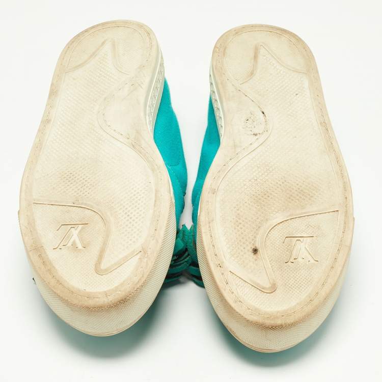Pre Owned Louis Vuitton Turquoise Fabric and Monogram Canvas Destination Slip On Sneakers Size 37