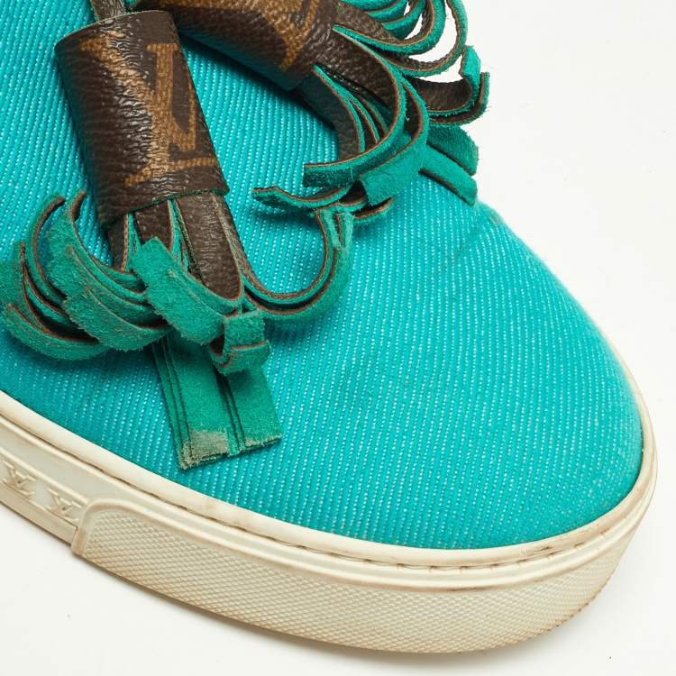 Pre Owned Louis Vuitton Turquoise Fabric and Monogram Canvas Destination Slip On Sneakers Size 37