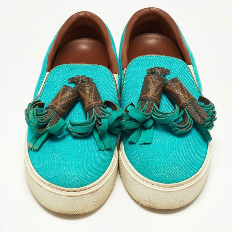 Pre Owned Louis Vuitton Turquoise Fabric and Monogram Canvas Destination Slip On Sneakers Size 37
