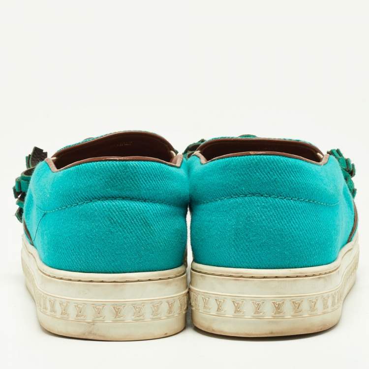 Pre Owned Louis Vuitton Turquoise Fabric and Monogram Canvas Destination Slip On Sneakers Size 37