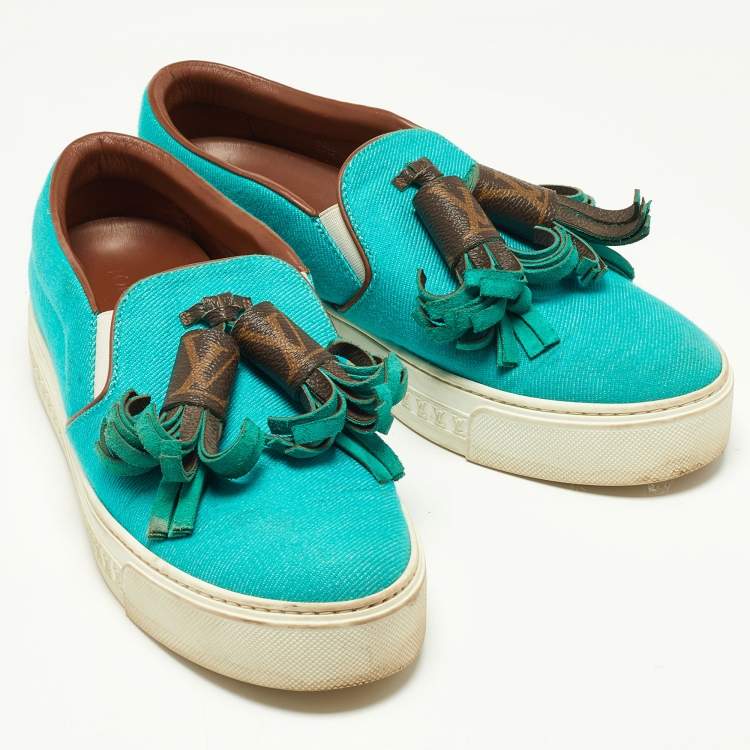 Pre Owned Louis Vuitton Turquoise Fabric and Monogram Canvas Destination Slip On Sneakers Size 37