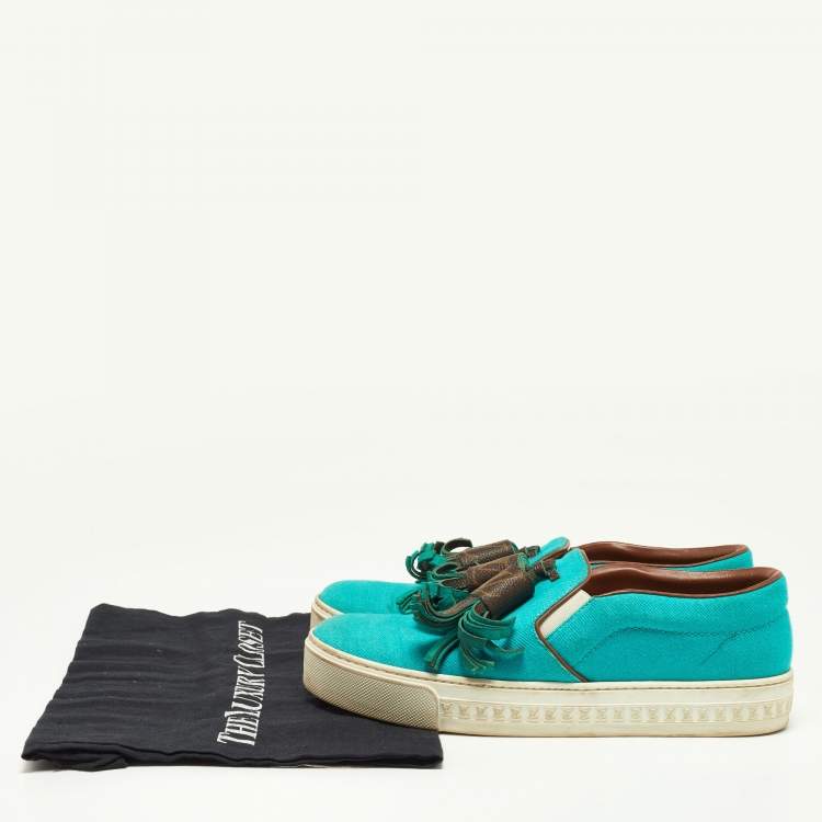 Pre Owned Louis Vuitton Turquoise Fabric and Monogram Canvas Destination Slip On Sneakers Size 37