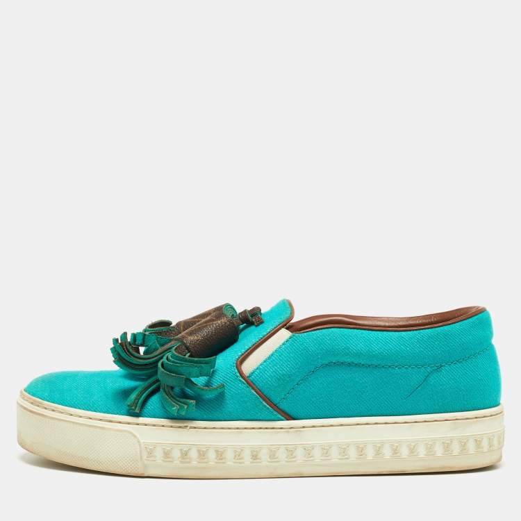Louis Vuitton Turquoise Twill Fabric and Monogram Canvas Destination Slip  On Sneakers Size 37 Louis Vuitton