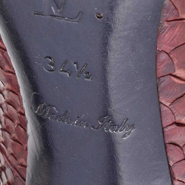 Pre Owned Louis Vuitton Burgundy Python Leather Slip On  Pumps Size 34.5