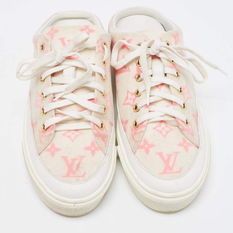 Pre Owned Louis Vuitton White Leather and Monogram Mesh Stellar Mules Sneakers Size 38