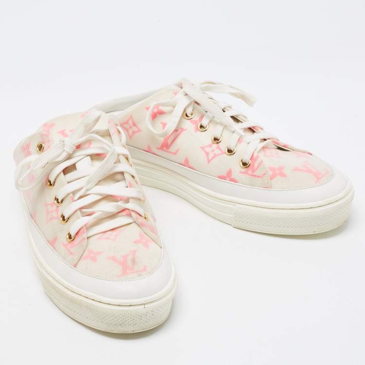 Pre Owned Louis Vuitton White Leather and Monogram Mesh Stellar Mules Sneakers Size 38