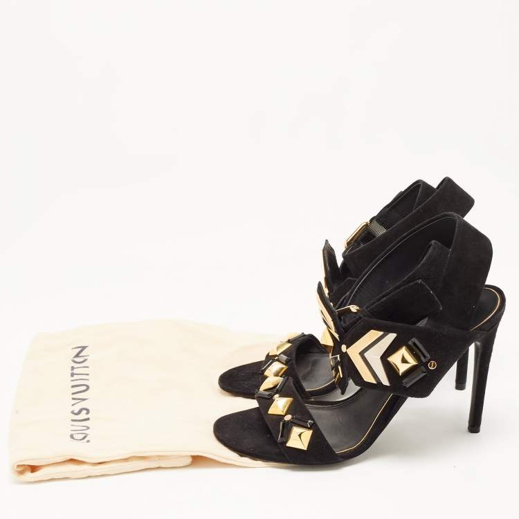 Pre Owned Louis Vuitton Black Suede Embellished Slingback Sandals Size 38.5