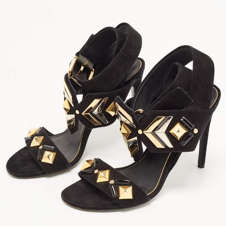 Pre Owned Louis Vuitton Black Suede Embellished Slingback Sandals Size 38.5
