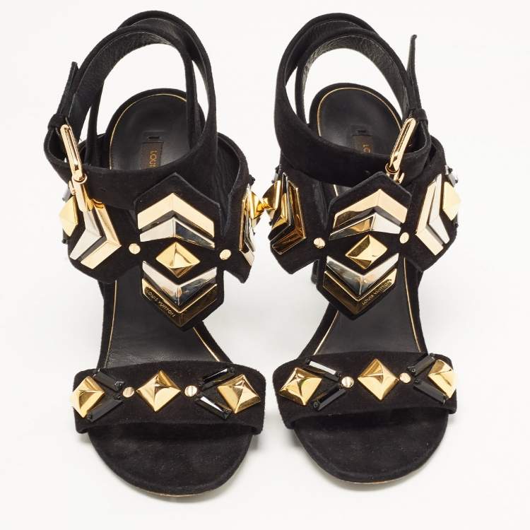 Pre Owned Louis Vuitton Black Suede Embellished Slingback Sandals Size 38.5