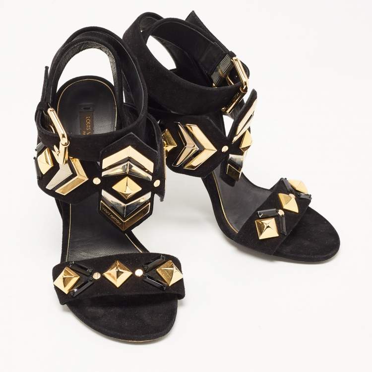 Pre Owned Louis Vuitton Black Suede Embellished Slingback Sandals Size 38.5