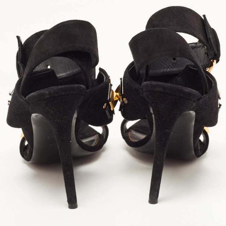 Pre Owned Louis Vuitton Black Suede Embellished Slingback Sandals Size 38.5