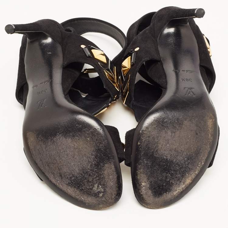 Pre Owned Louis Vuitton Black Suede Embellished Slingback Sandals Size 38.5