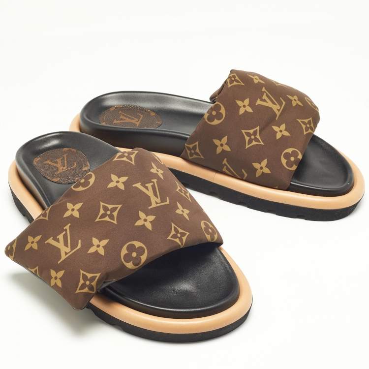 Pre Owned Louis Vuitton Brown Monogram Nylon Pool Pillow Comfort Flat Slides Size 39