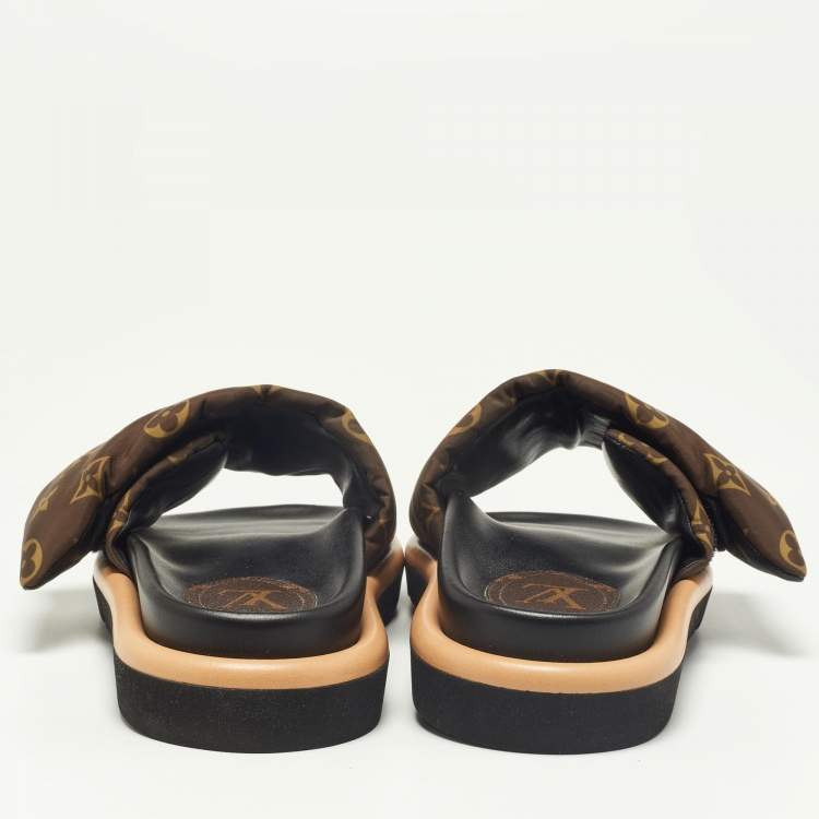 Pre Owned Louis Vuitton Brown Monogram Nylon Pool Pillow Comfort Flat Slides Size 39
