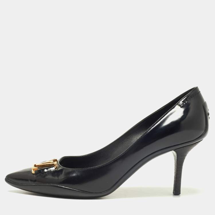 Pre Owned Louis Vuitton Black Leather Logo Pointed Toe Pumps Size 37