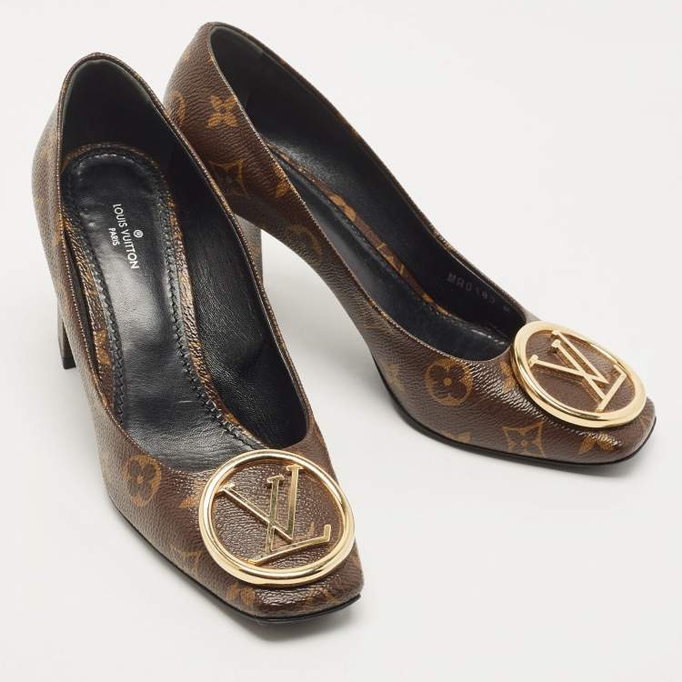 Pre Owned Louis Vuitton Brown Coated Canvas Madeleine Block Heel Pumps Size 38