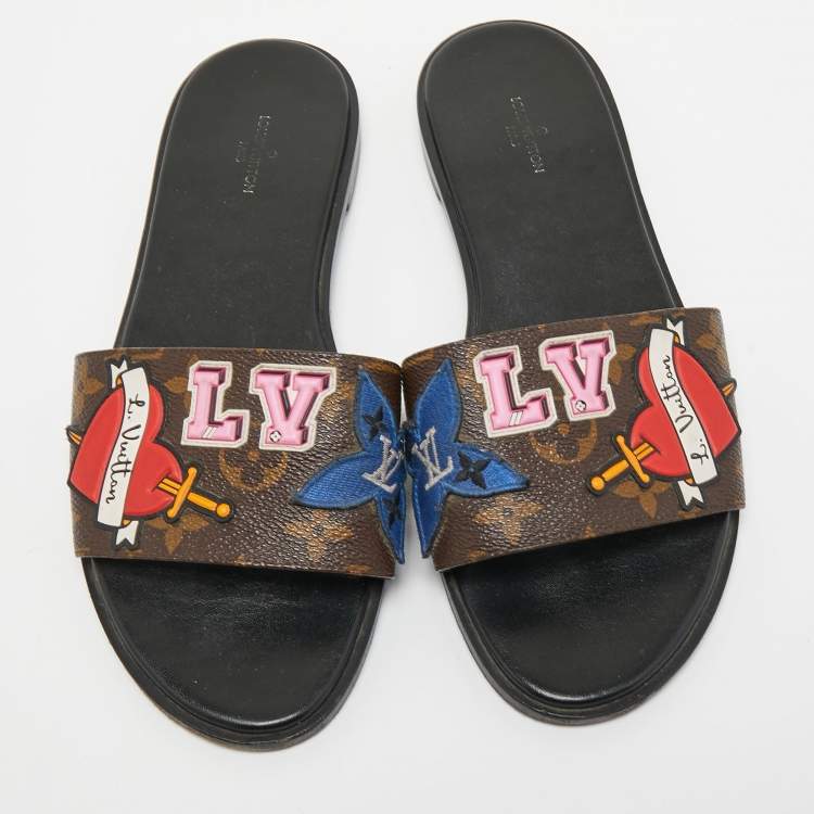 Pre Owned Louis Vuitton Brown Canvas Love Logo Slide Flats Size 38