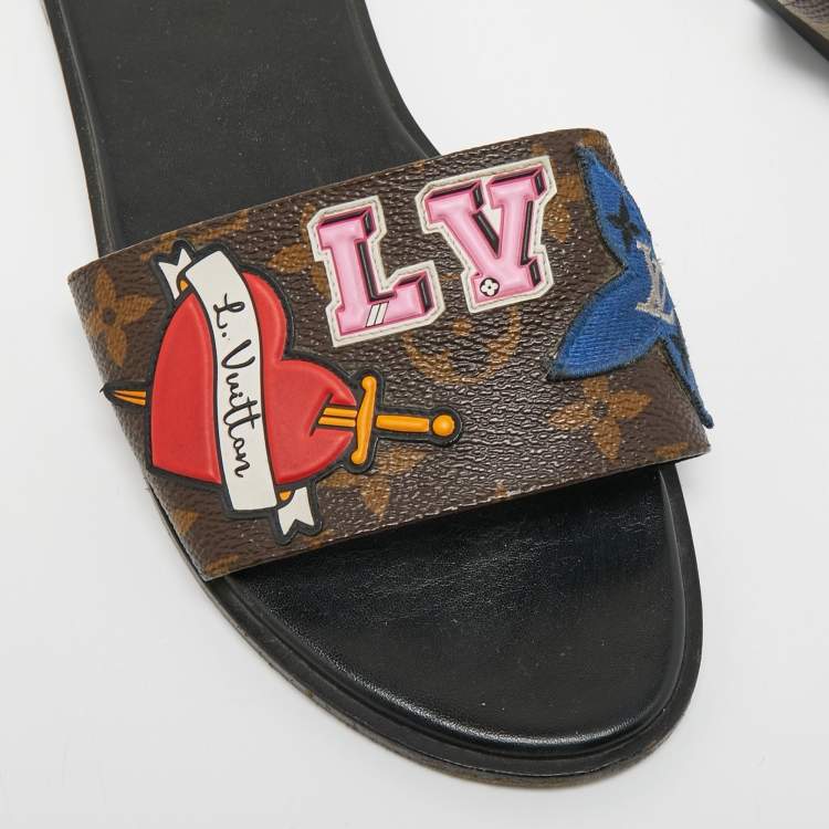 Pre Owned Louis Vuitton Brown Canvas Love Logo Slide Flats Size 38