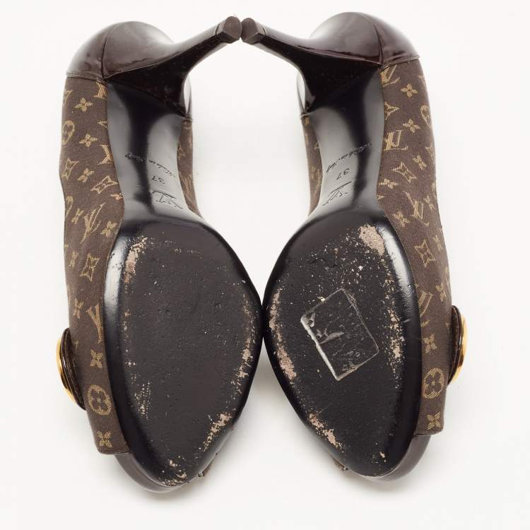Pre Owned Louis Vuitton Brown Monogram Canvas and Patent Leather Peep Toe Pumps Size 37