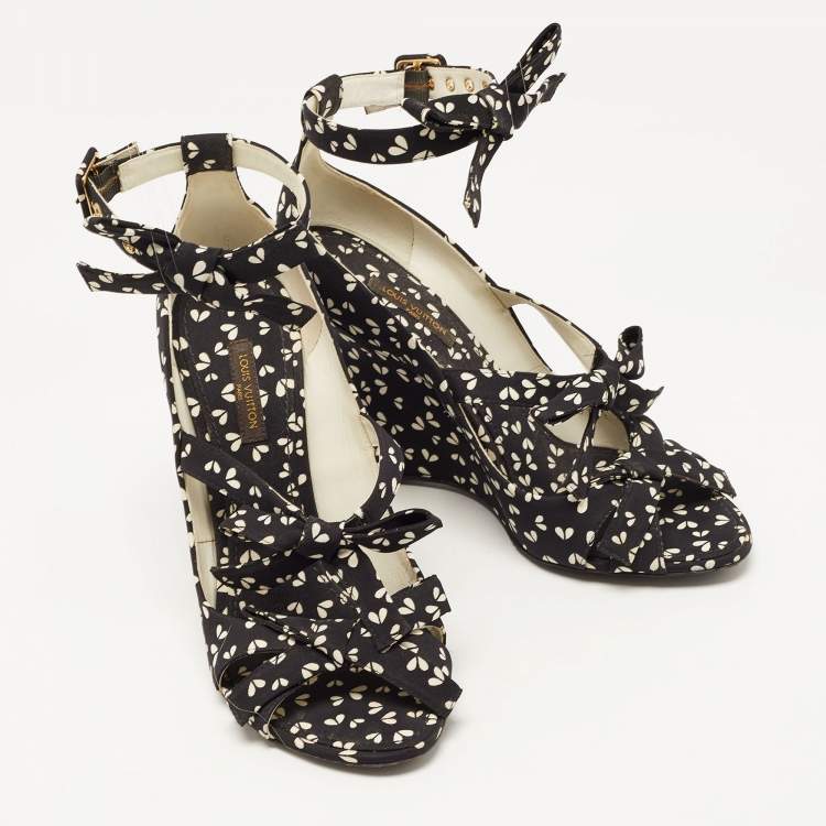 Pre Owned Louis Vuitton Black Canvas  Bow Ankle Strap Sandals Size 38.5