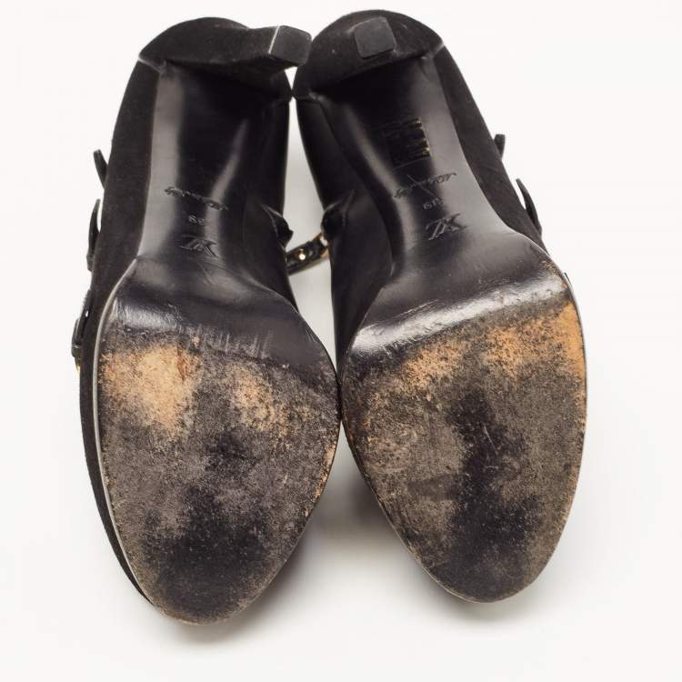 Pre Owned Louis Vuitton Black Suede and Leather  Peep Toe Booties Size 39 