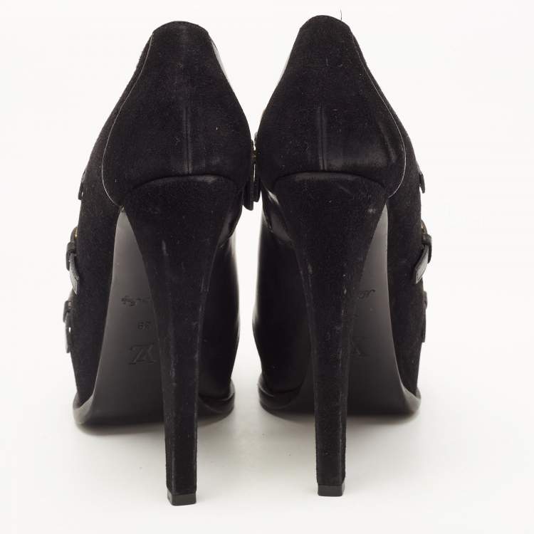 Pre Owned Louis Vuitton Black Suede and Leather  Peep Toe Booties Size 39 