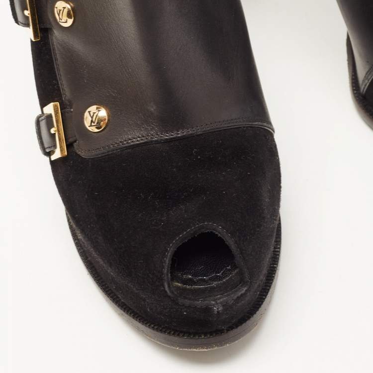 Pre Owned Louis Vuitton Black Suede and Leather  Peep Toe Booties Size 39 