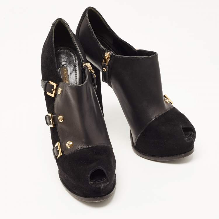 Pre Owned Louis Vuitton Black Suede and Leather  Peep Toe Booties Size 39 