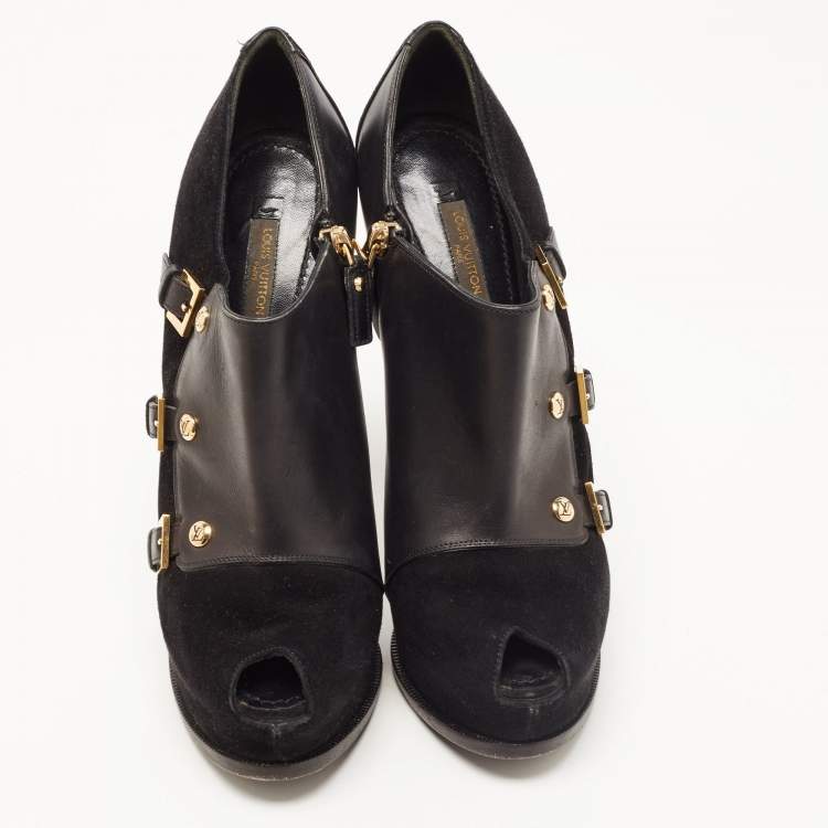 Pre Owned Louis Vuitton Black Suede and Leather  Peep Toe Booties Size 39 