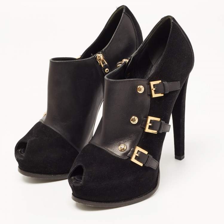 Pre Owned Louis Vuitton Black Suede and Leather  Peep Toe Booties Size 39 