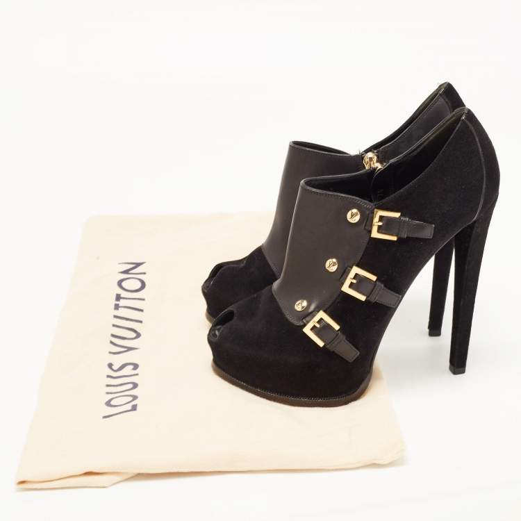 Pre Owned Louis Vuitton Black Suede and Leather  Peep Toe Booties Size 39 