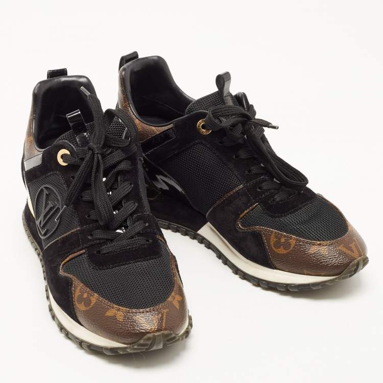 Pre Owned Louis Vuitton Black/Brown Suede And Monogram Canvas Run Away Low Top Sneakers Size 37.5