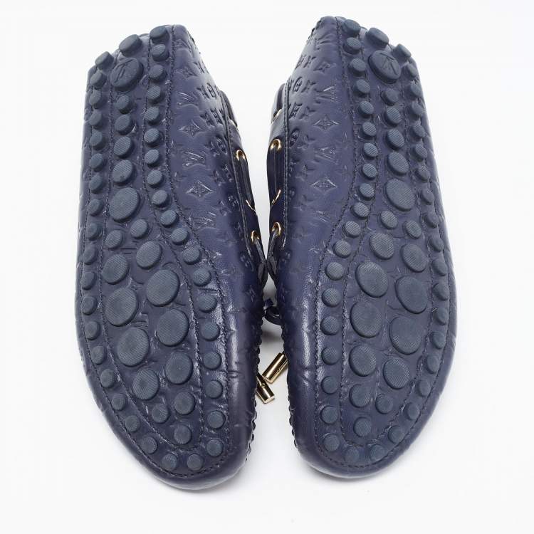 Pre Owned Louis Vuitton Navy Blue Leather Gloria Bow Slip On Loafers Size 39