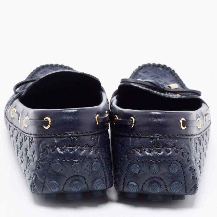 Pre Owned Louis Vuitton Navy Blue Leather Gloria Bow Slip On Loafers Size 39