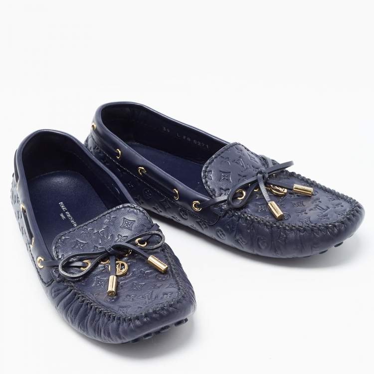 Pre Owned Louis Vuitton Navy Blue Leather Gloria Bow Slip On Loafers Size 39