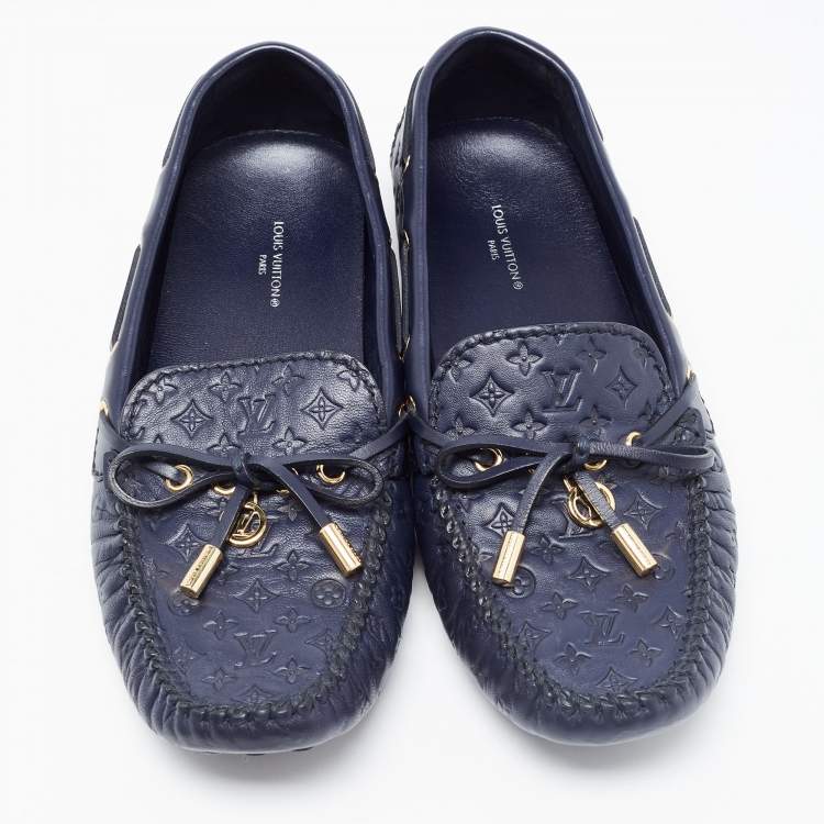 Pre Owned Louis Vuitton Navy Blue Leather Gloria Bow Slip On Loafers Size 39