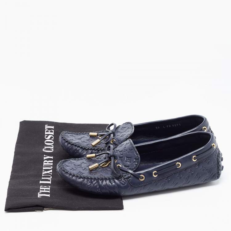 Pre Owned Louis Vuitton Navy Blue Leather Gloria Bow Slip On Loafers Size 39