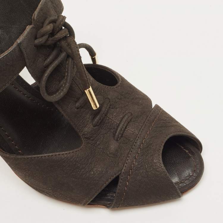 Pre Owned Louis Vuitton Dark Brown Pebbled Leather Corfu Caged Ankle Strap Sandals Size 40