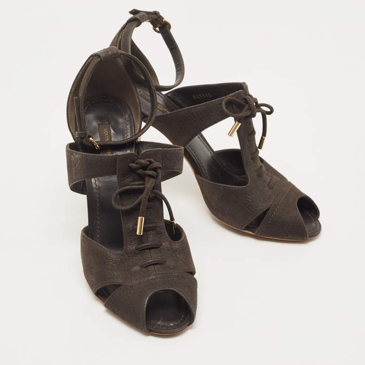 Pre Owned Louis Vuitton Dark Brown Pebbled Leather Corfu Caged Ankle Strap Sandals Size 40