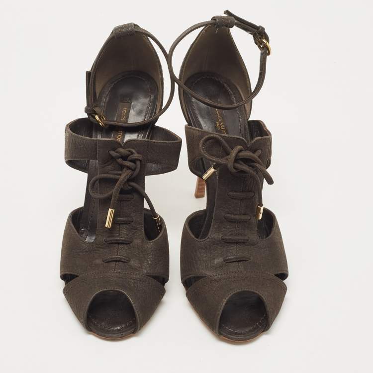 Pre Owned Louis Vuitton Dark Brown Pebbled Leather Corfu Caged Ankle Strap Sandals Size 40