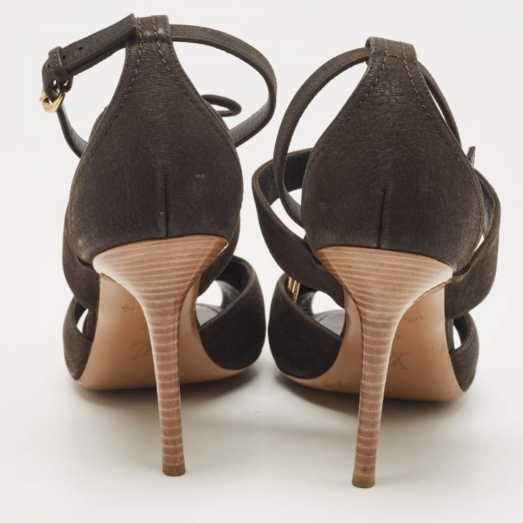 Pre Owned Louis Vuitton Dark Brown Pebbled Leather Corfu Caged Ankle Strap Sandals Size 40