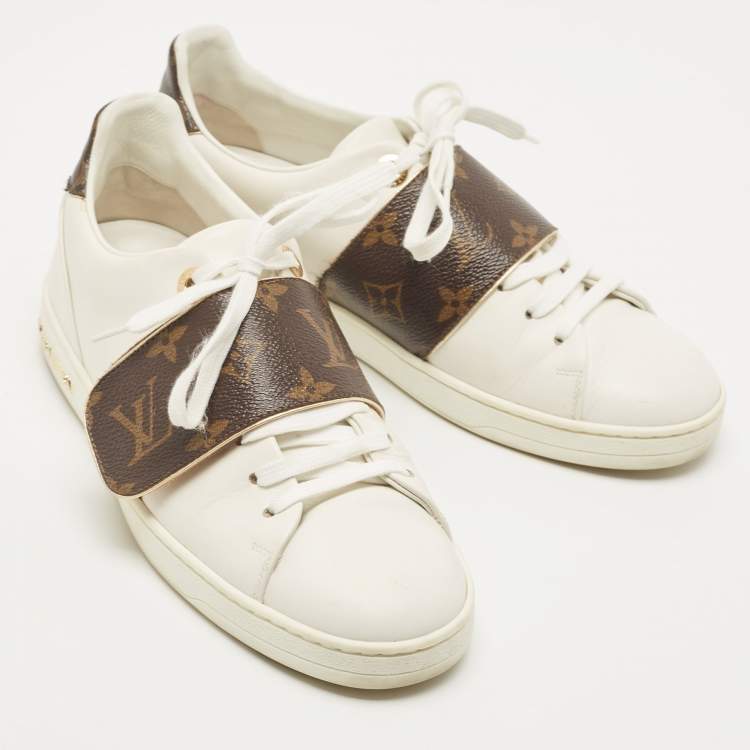 Pre Owned Louis Vuitton White Leather and Monogram Canvas Frontrow Sneakers Size 36.5