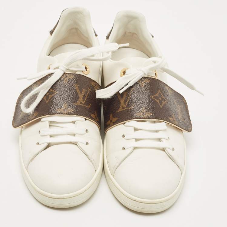 Pre Owned Louis Vuitton White Leather and Monogram Canvas Frontrow Sneakers Size 36.5