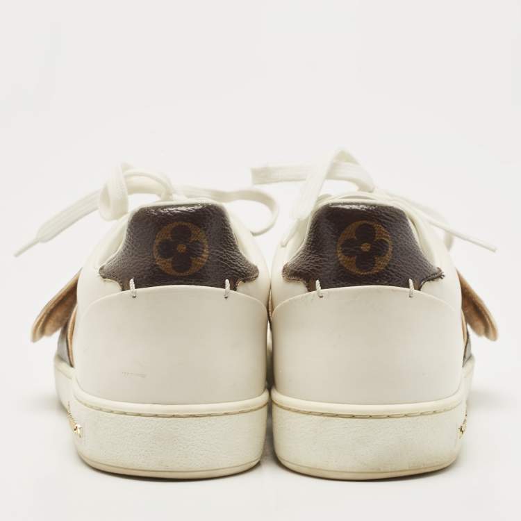 Pre Owned Louis Vuitton White Leather and Monogram Canvas Frontrow Sneakers Size 36.5